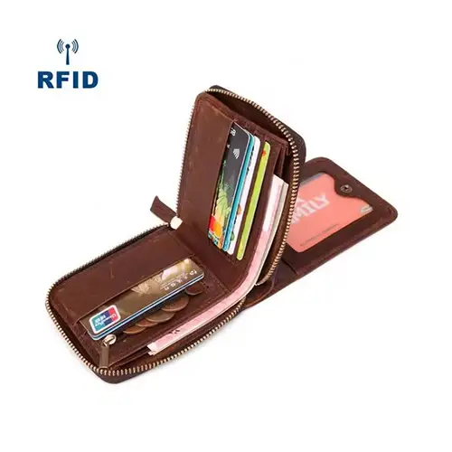 RFID-Blocking Compact Leather Wallet with Zipper Closure